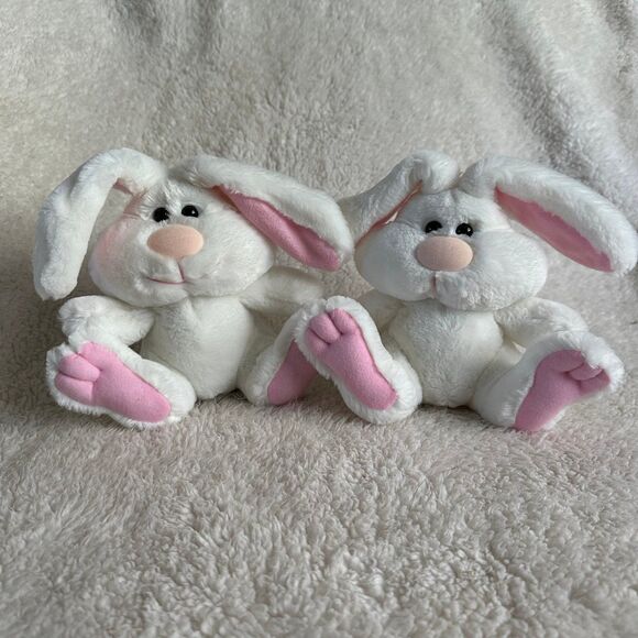 Set of 2 Soft Dreams White Pink Bunny Rabbit with Rattle 8” Easter Spring Plush - Picture 1 of 7